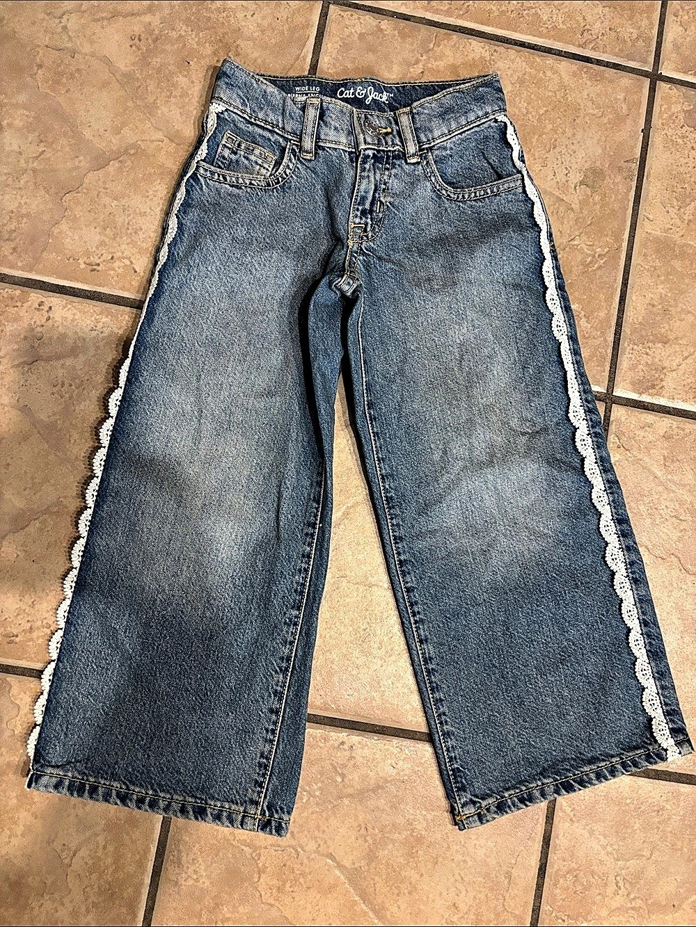 Cat & Jack Wide Leg Lace Trim Jeans Girls Size 4